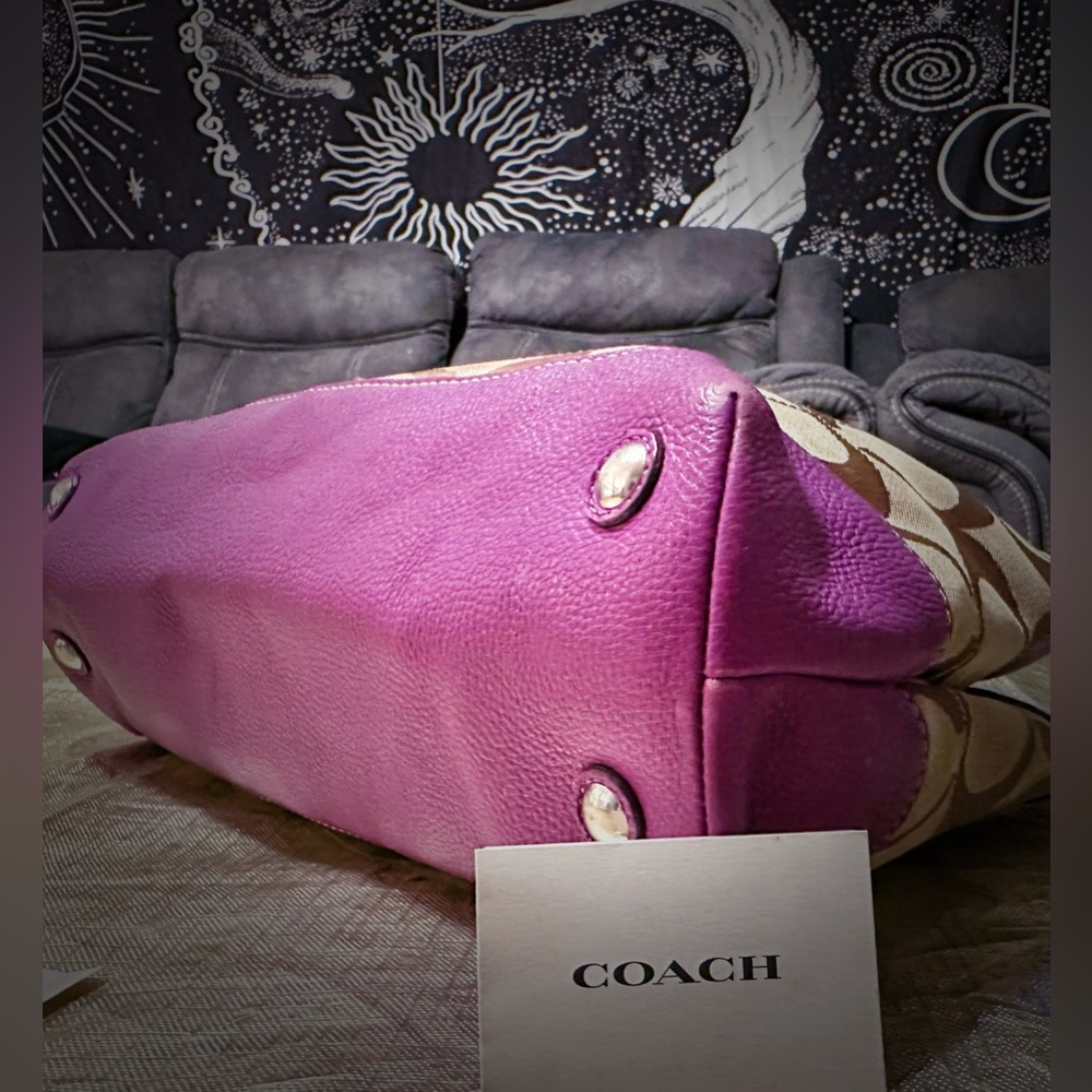 Vintage Coach purple Pink leather and Tan Signature Tote Bag shoulder bag 2009 - Picture 15 of 17